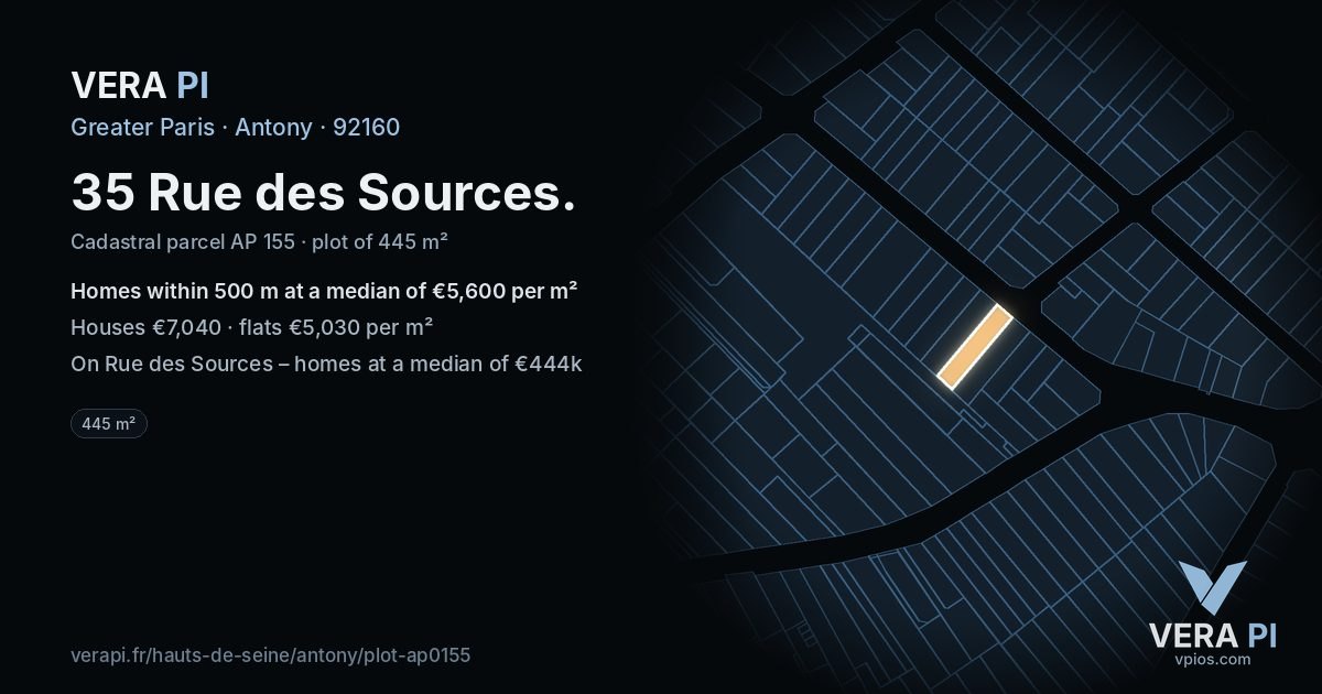 35 Rue des Sources, Antony at night – the plot lit, the parcels around coloured by the prices near them