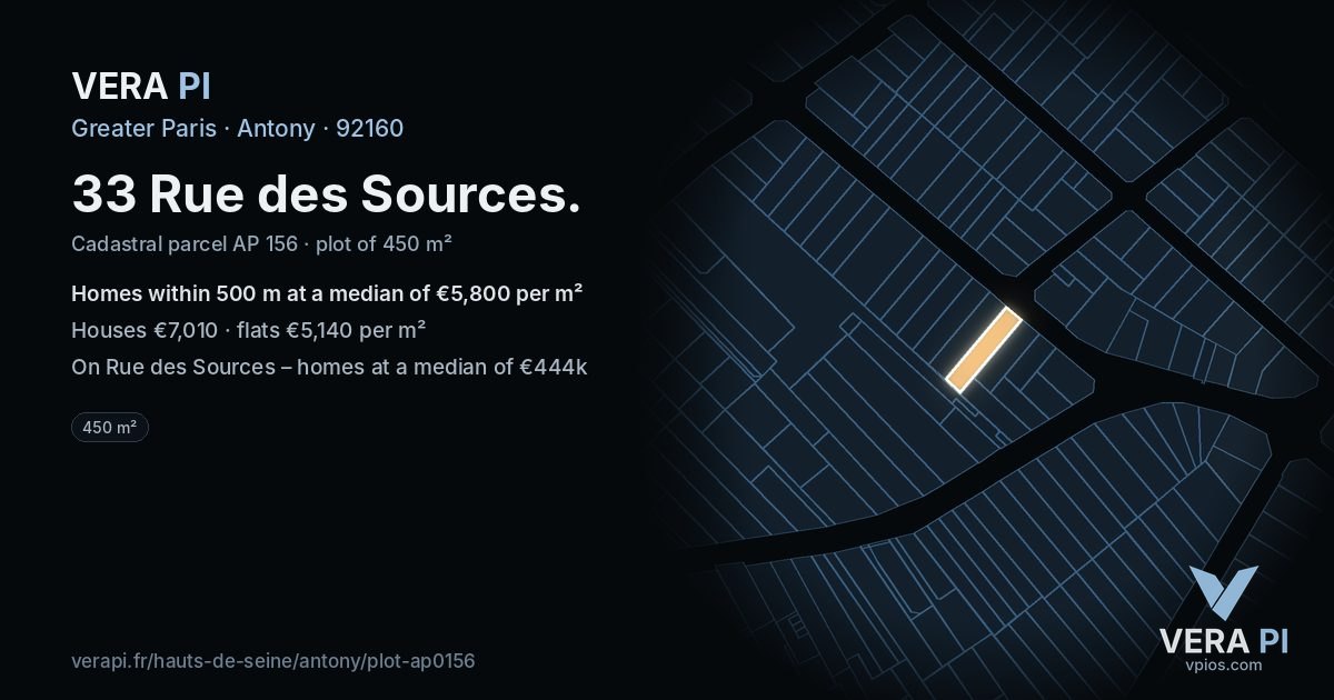 33 Rue des Sources, Antony at night – the plot lit, the parcels around coloured by the prices near them