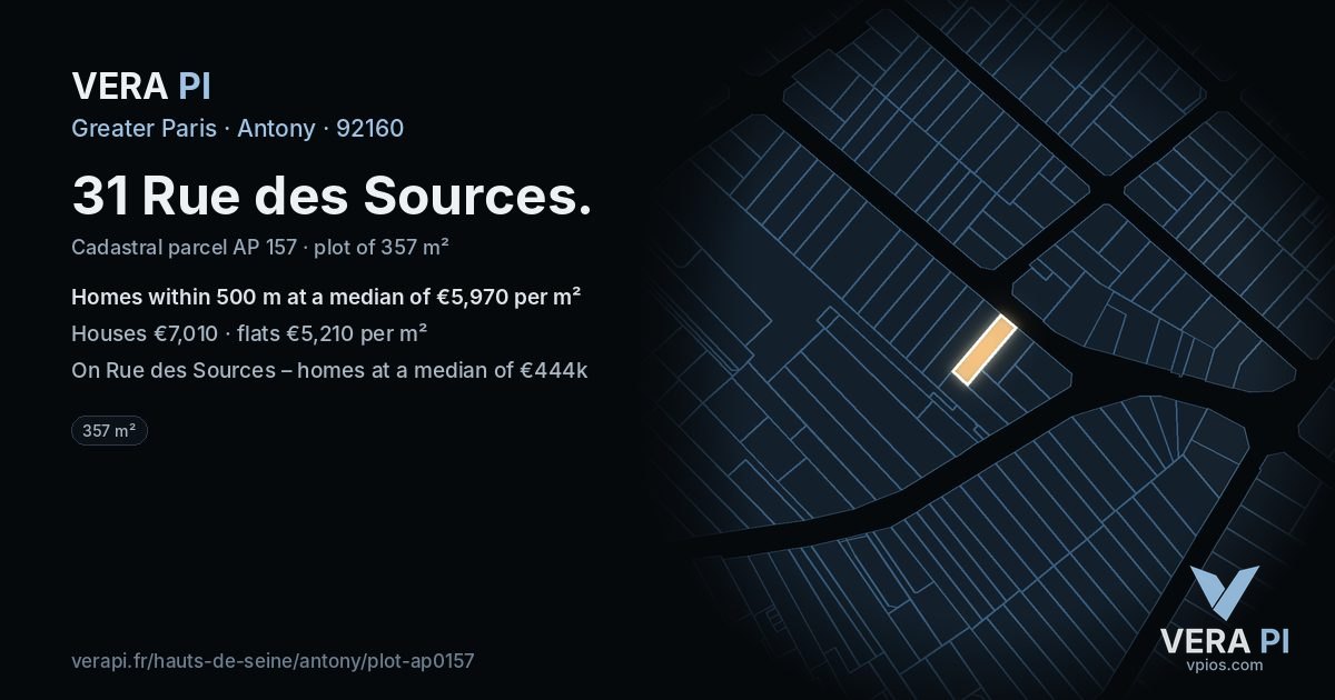 31 Rue des Sources, Antony at night – the plot lit, the parcels around coloured by the prices near them