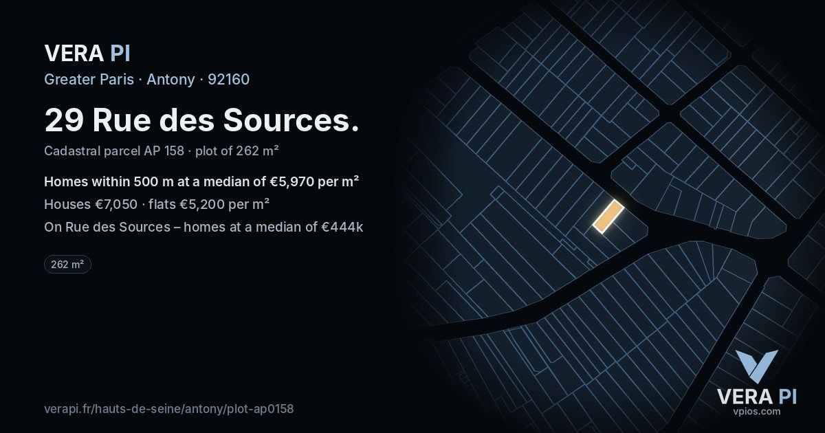 29 Rue des Sources, Antony at night – the plot lit, the parcels around coloured by the prices near them
