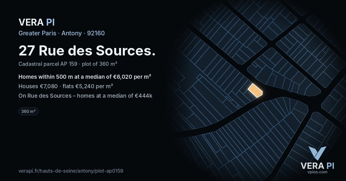 27 Rue des Sources, Antony at night – the plot lit, the parcels around coloured by the prices near them