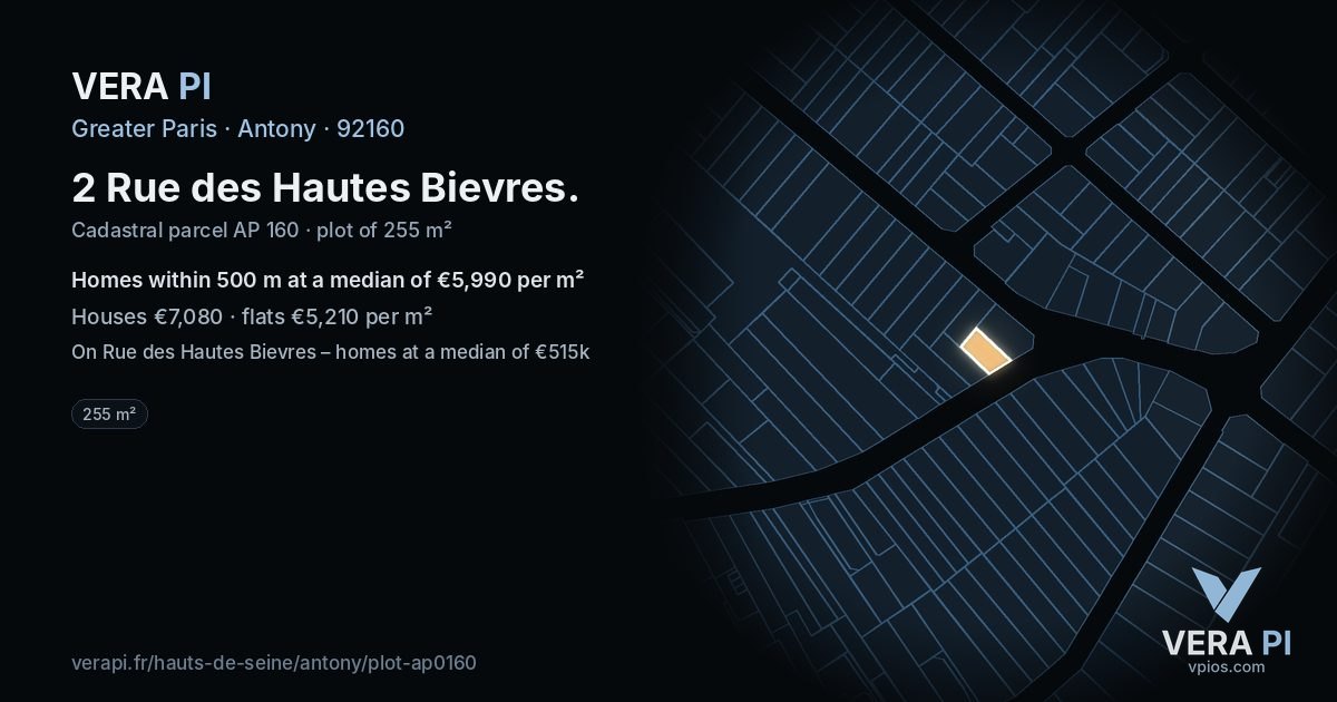 2 Rue des Hautes Bievres, Antony at night – the plot lit, the parcels around coloured by the prices near them
