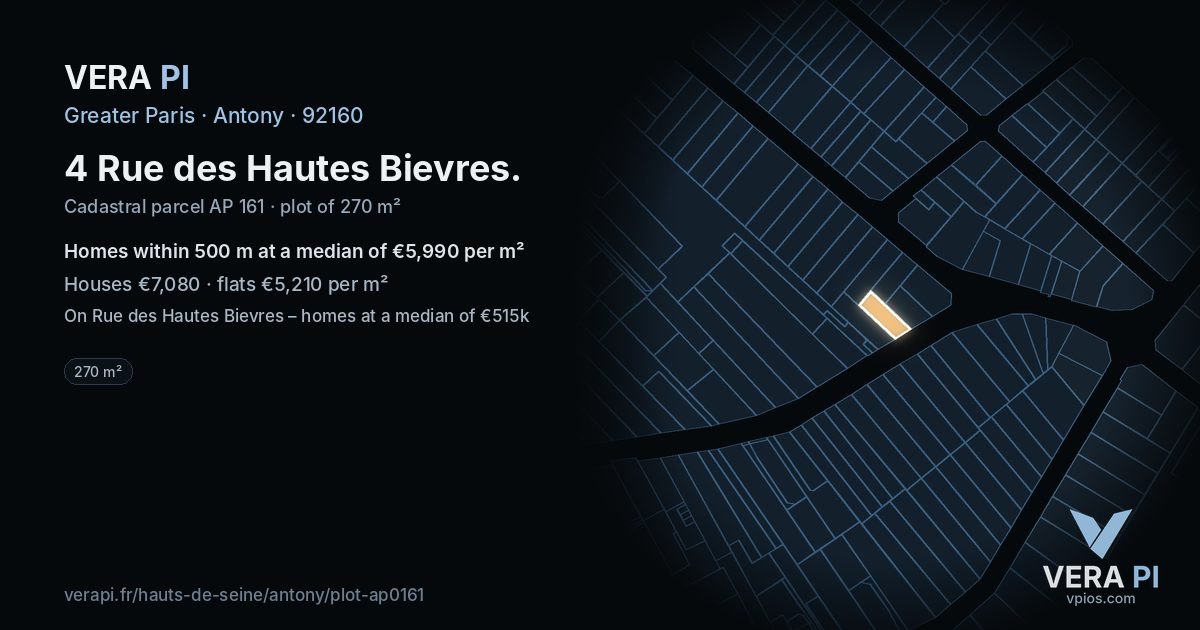4 Rue des Hautes Bievres, Antony at night – the plot lit, the parcels around coloured by the prices near them