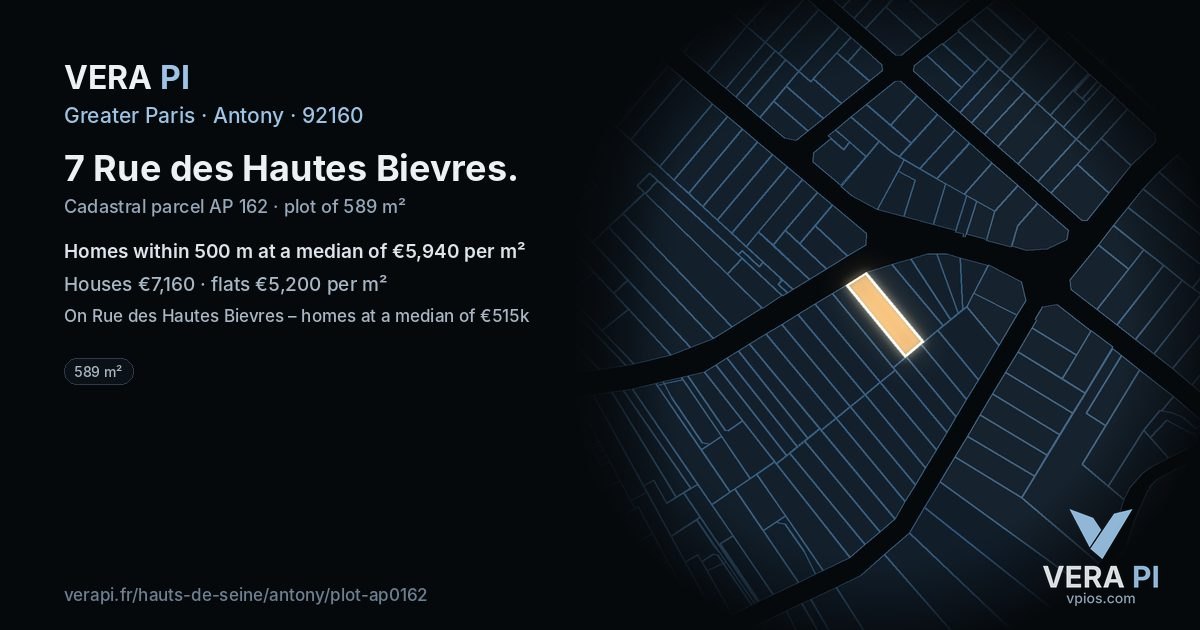7 Rue des Hautes Bievres, Antony at night – the plot lit, the parcels around coloured by the prices near them