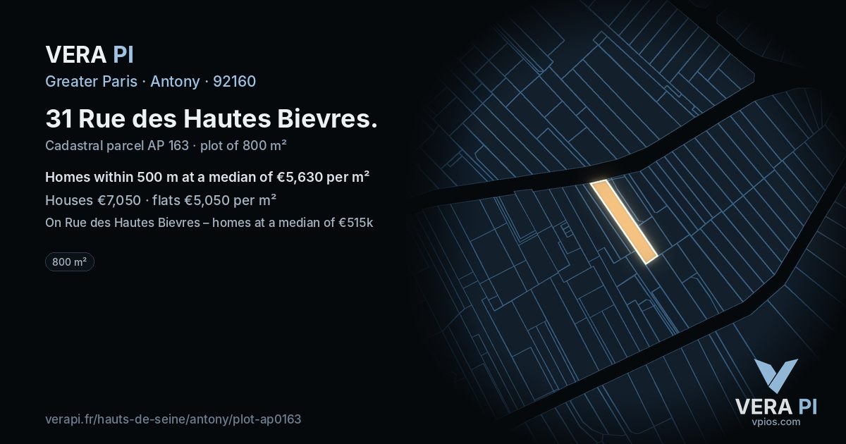 31 Rue des Hautes Bievres, Antony at night – the plot lit, the parcels around coloured by the prices near them