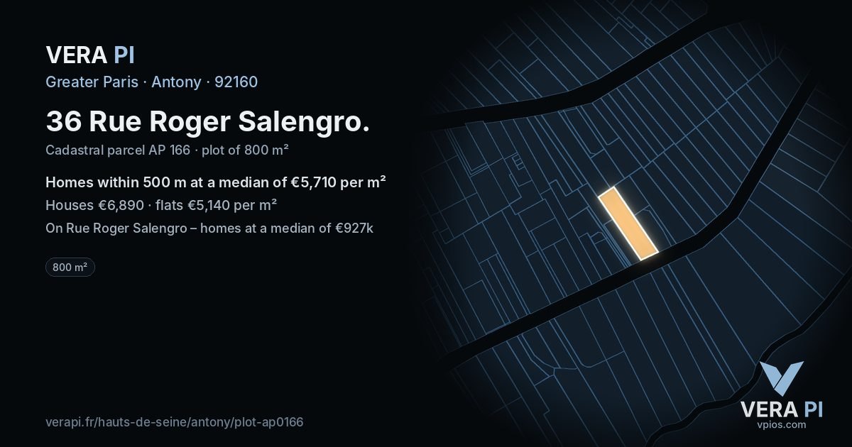 36 Rue Roger Salengro, Antony at night – the plot lit, the parcels around coloured by the prices near them