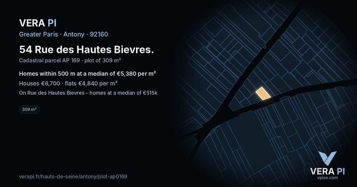 54 Rue des Hautes Bievres, Antony at night – the plot lit, the parcels around coloured by the prices near them
