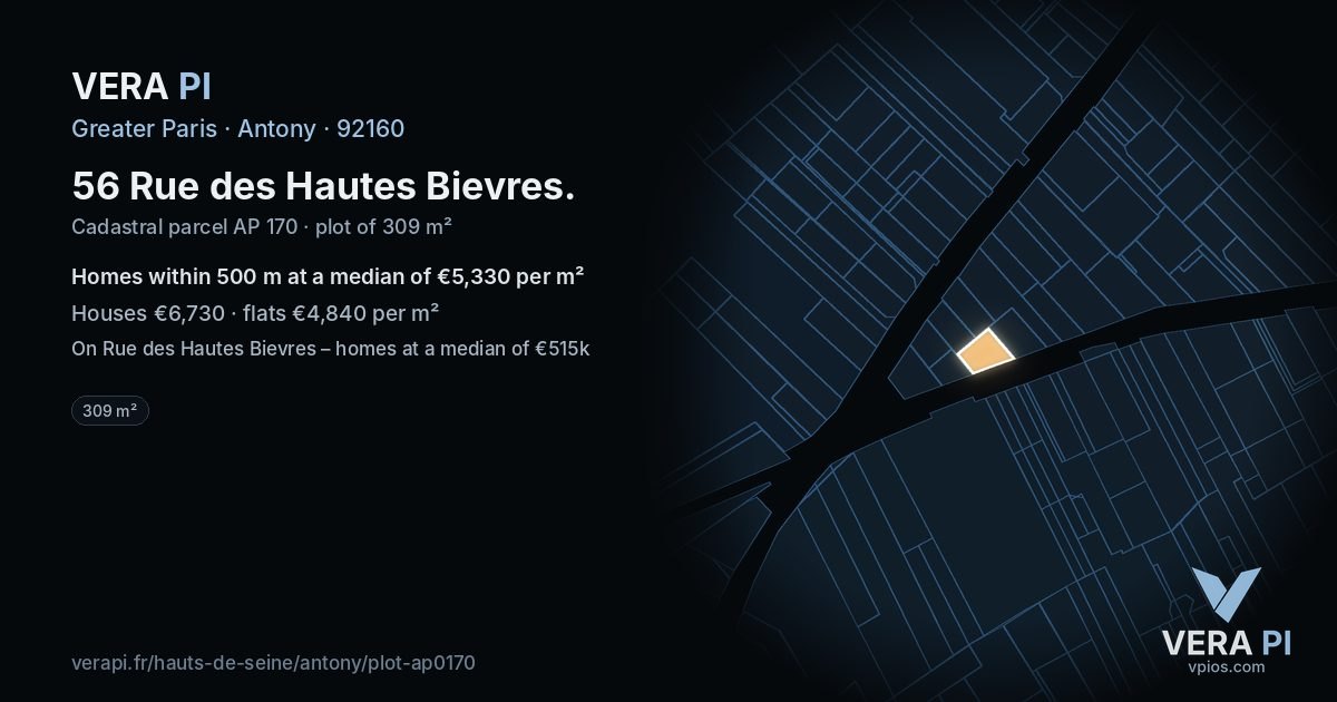 56 Rue des Hautes Bievres, Antony at night – the plot lit, the parcels around coloured by the prices near them