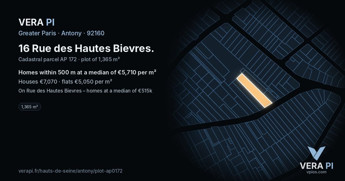 16 Rue des Hautes Bievres, Antony at night – the plot lit, the parcels around coloured by the prices near them