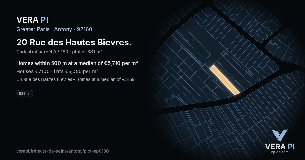 20 Rue des Hautes Bievres, Antony at night – the plot lit, the parcels around coloured by the prices near them