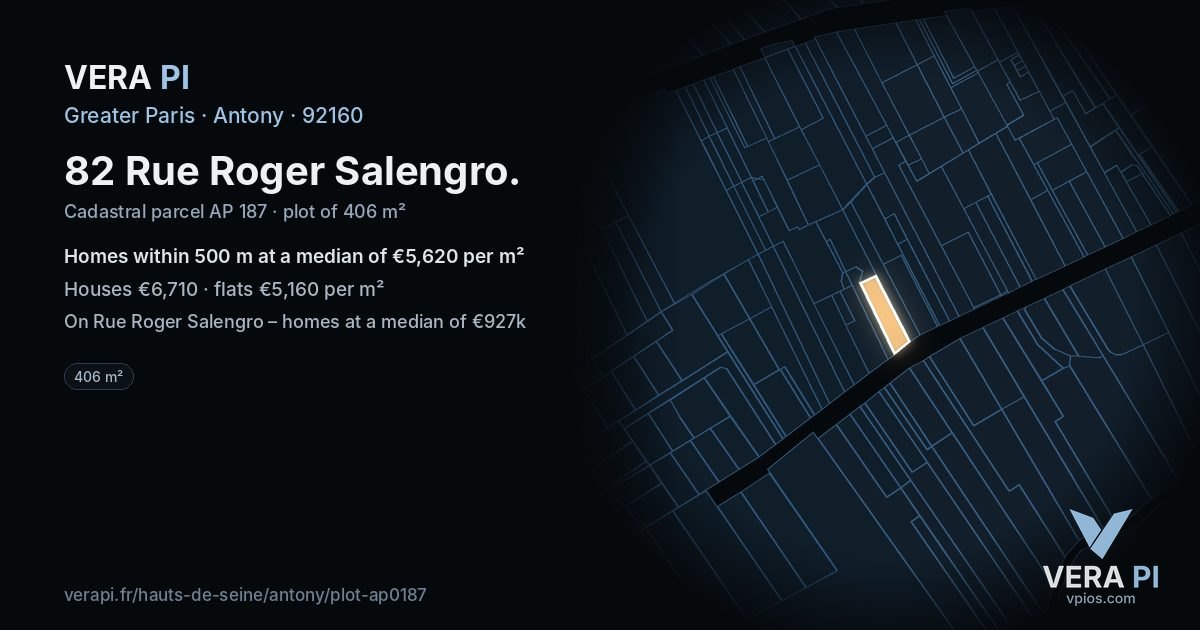 82 Rue Roger Salengro, Antony at night – the plot lit, the parcels around coloured by the prices near them