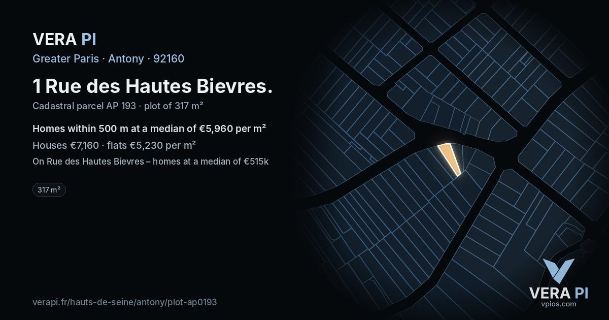 1 Rue des Hautes Bievres, Antony at night – the plot lit, the parcels around coloured by the prices near them