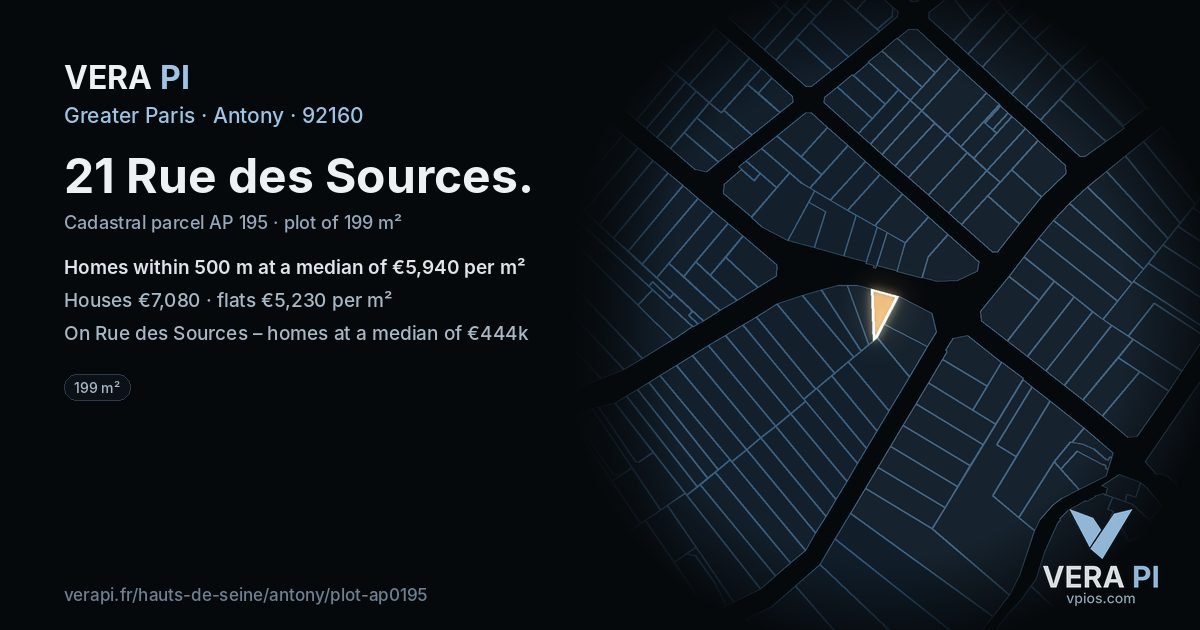 21 Rue des Sources, Antony at night – the plot lit, the parcels around coloured by the prices near them