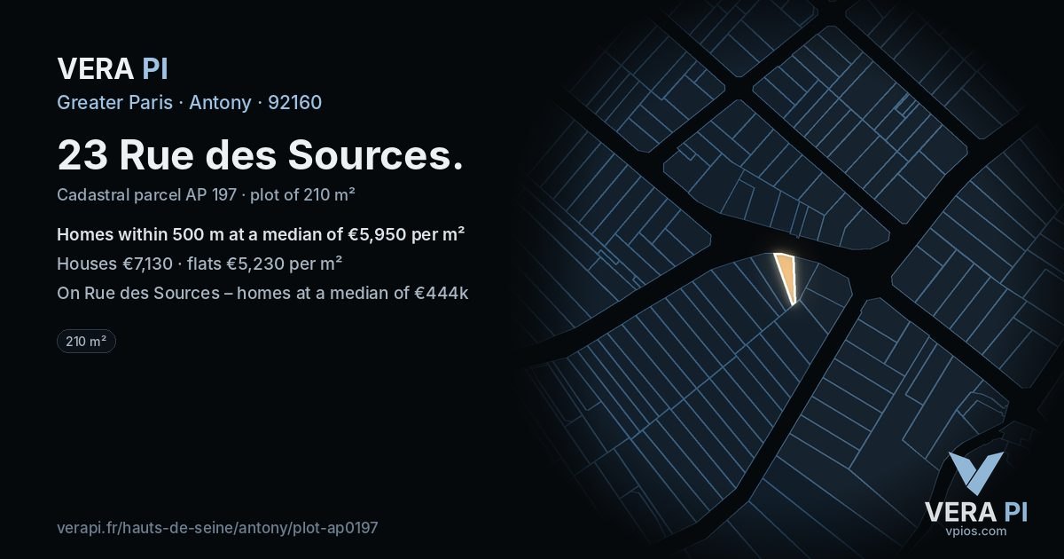 23 Rue des Sources, Antony at night – the plot lit, the parcels around coloured by the prices near them