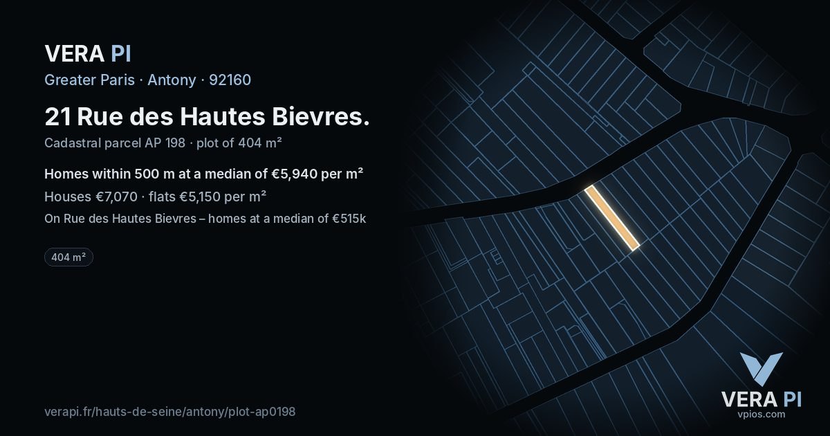 21 Rue des Hautes Bievres, Antony at night – the plot lit, the parcels around coloured by the prices near them
