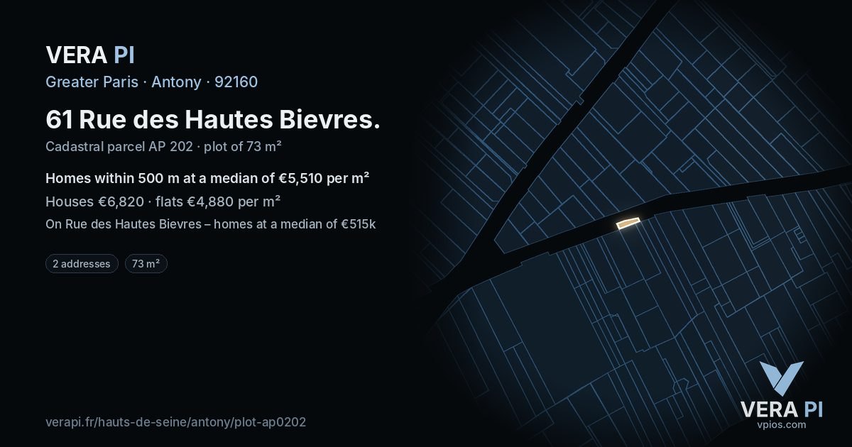 61 Rue des Hautes Bievres, Antony at night – the plot lit, the parcels around coloured by the prices near them