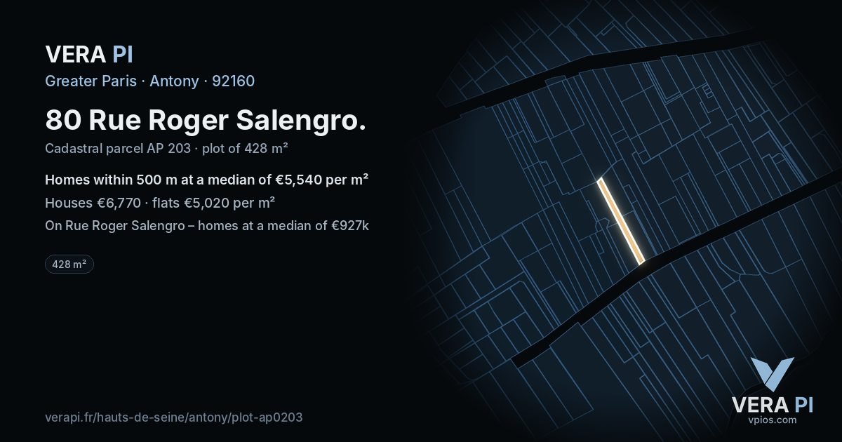 80 Rue Roger Salengro, Antony at night – the plot lit, the parcels around coloured by the prices near them