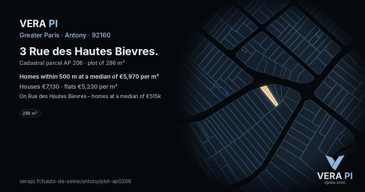 3 Rue des Hautes Bievres, Antony at night – the plot lit, the parcels around coloured by the prices near them