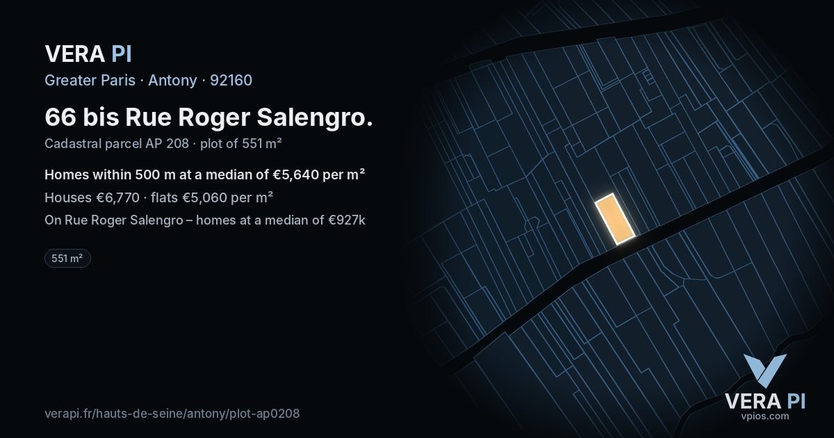 66 bis Rue Roger Salengro, Antony at night – the plot lit, the parcels around coloured by the prices near them