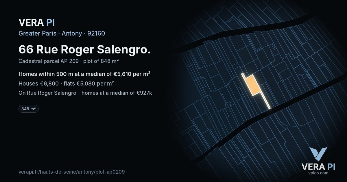 66 Rue Roger Salengro, Antony at night – the plot lit, the parcels around coloured by the prices near them