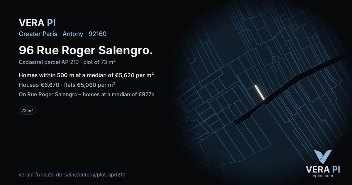 96 Rue Roger Salengro, Antony at night – the plot lit, the parcels around coloured by the prices near them