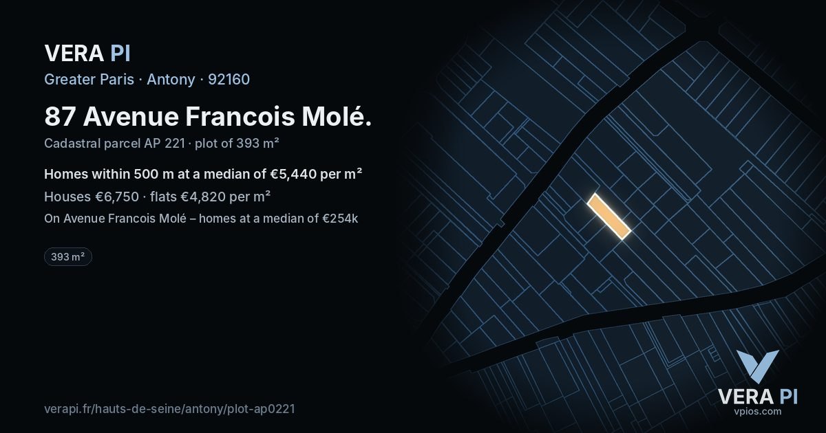 87 Avenue Francois Molé, Antony at night – the plot lit, the parcels around coloured by the prices near them