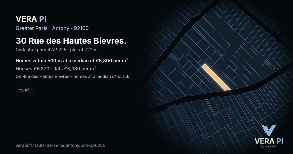 30 Rue des Hautes Bievres, Antony at night – the plot lit, the parcels around coloured by the prices near them