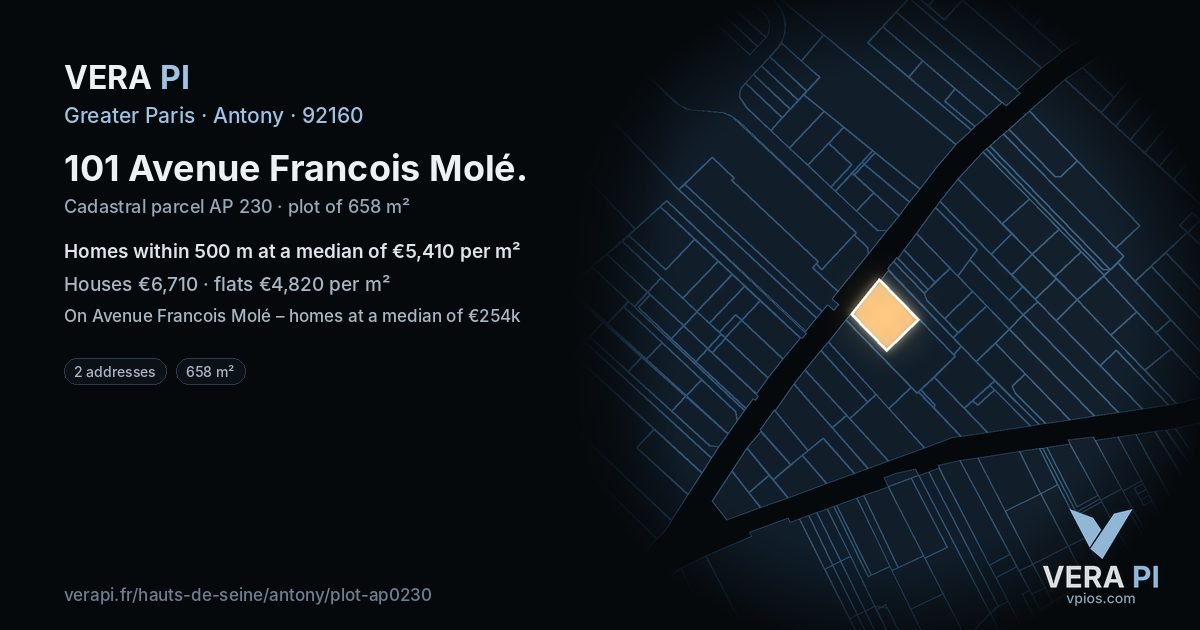 101 Avenue Francois Molé, Antony at night – the plot lit, the parcels around coloured by the prices near them