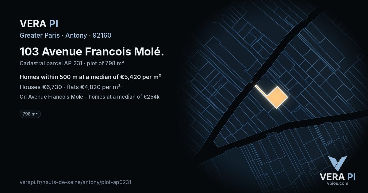 103 Avenue Francois Molé, Antony at night – the plot lit, the parcels around coloured by the prices near them