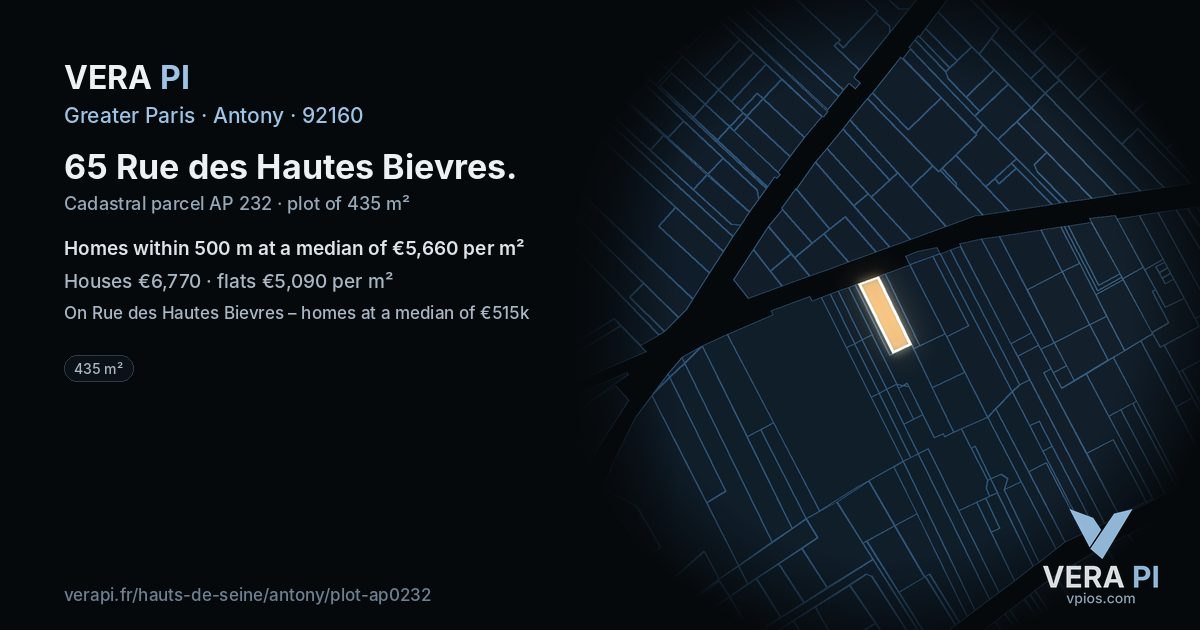 65 Rue des Hautes Bievres, Antony at night – the plot lit, the parcels around coloured by the prices near them