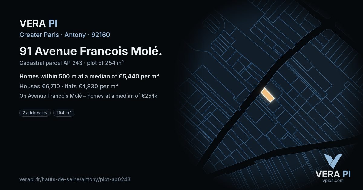 91 Avenue Francois Molé, Antony at night – the plot lit, the parcels around coloured by the prices near them