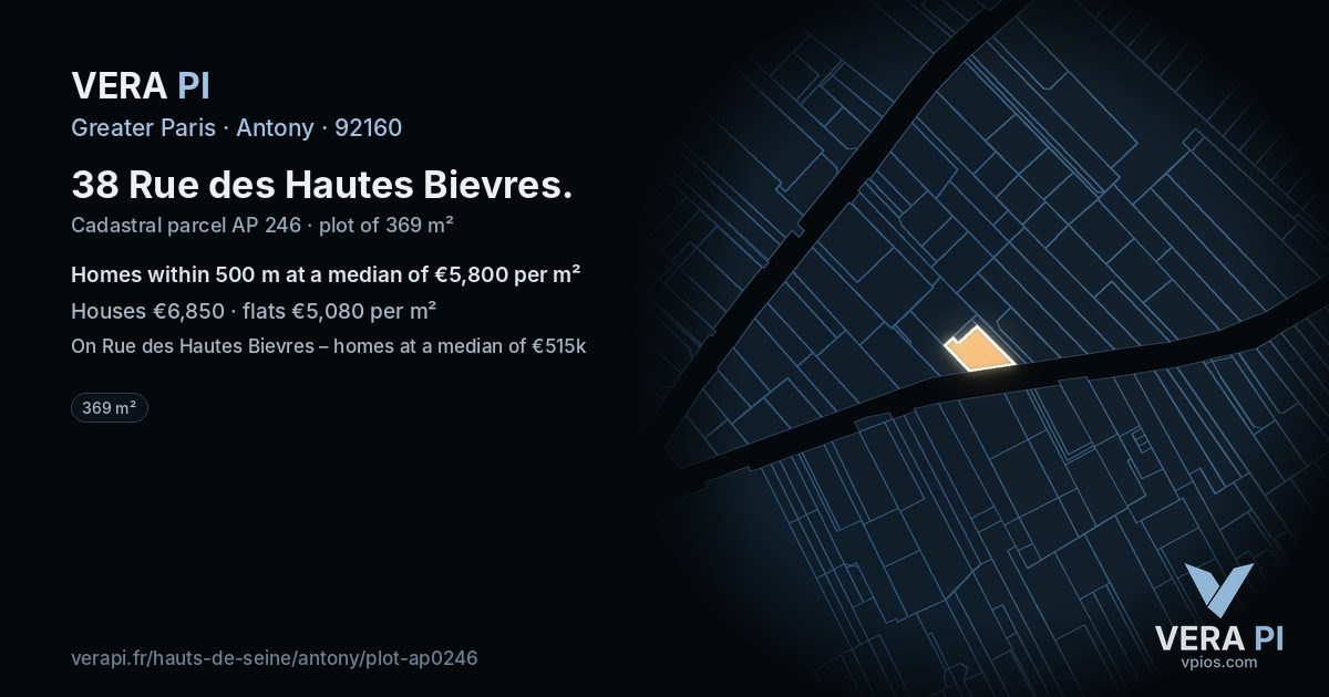 38 Rue des Hautes Bievres, Antony at night – the plot lit, the parcels around coloured by the prices near them