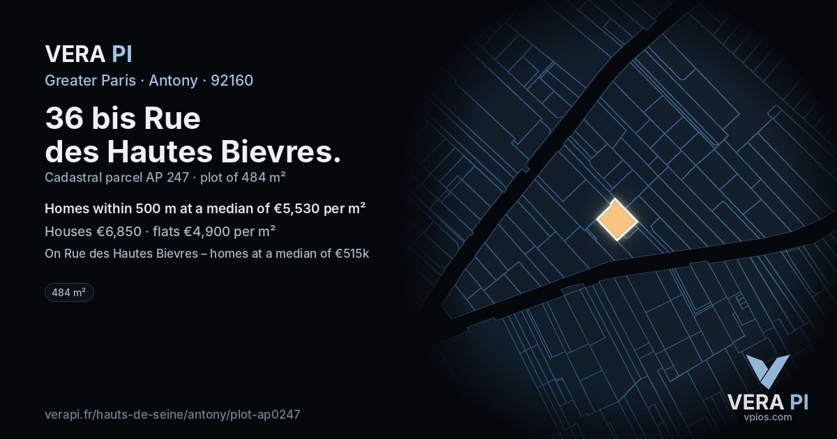 36 bis Rue des Hautes Bievres, Antony at night – the plot lit, the parcels around coloured by the prices near them