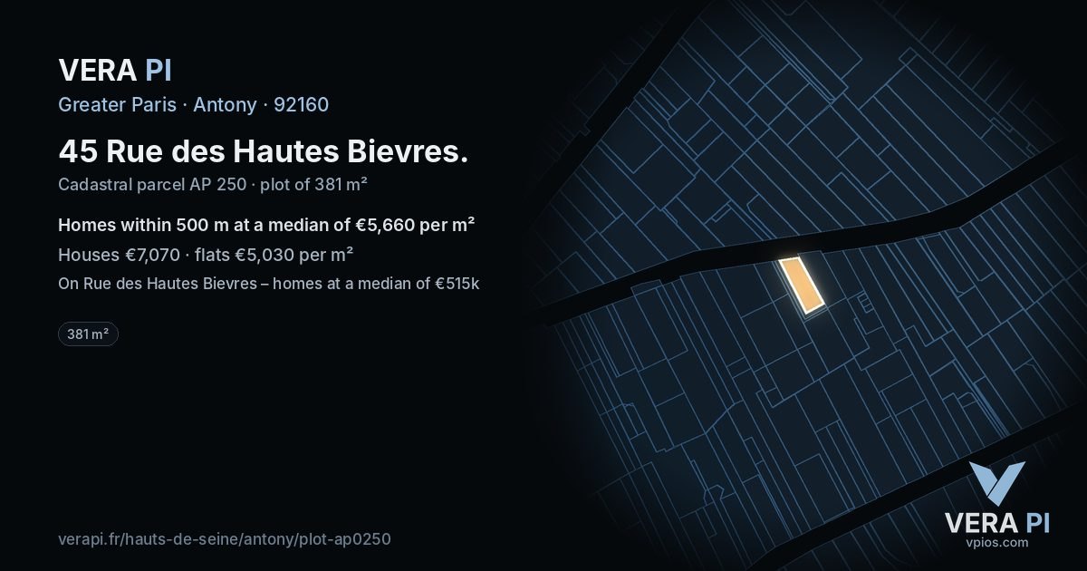 45 Rue des Hautes Bievres, Antony at night – the plot lit, the parcels around coloured by the prices near them