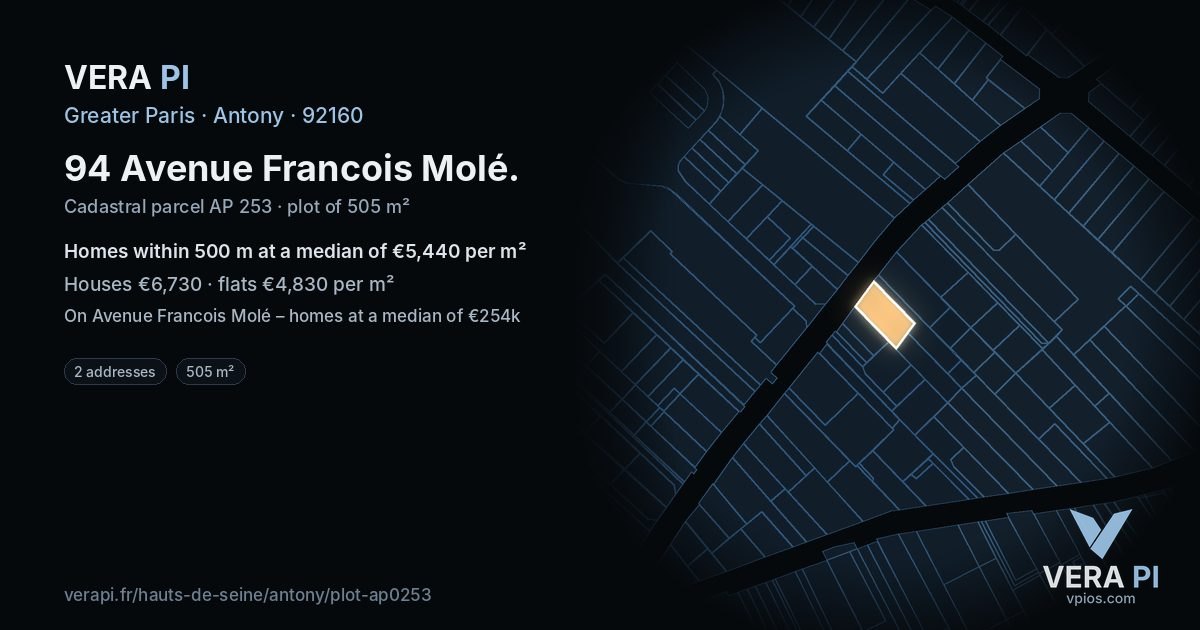 94 Avenue Francois Molé, Antony at night – the plot lit, the parcels around coloured by the prices near them