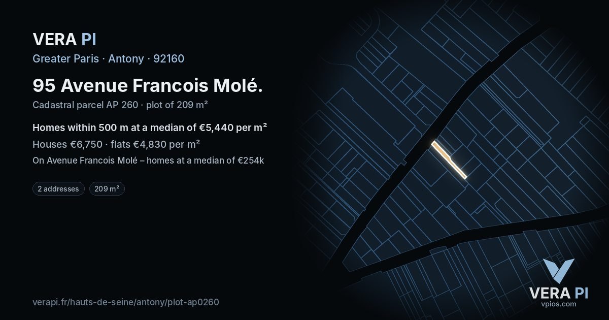 95 Avenue Francois Molé, Antony at night – the plot lit, the parcels around coloured by the prices near them