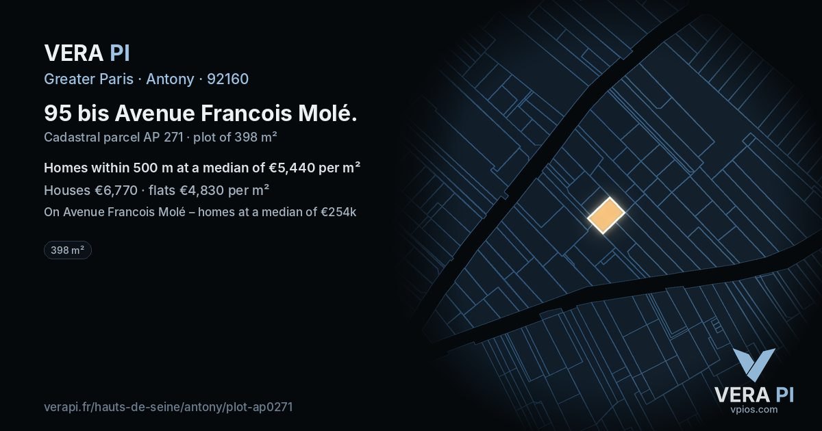 95 bis Avenue Francois Molé, Antony at night – the plot lit, the parcels around coloured by the prices near them
