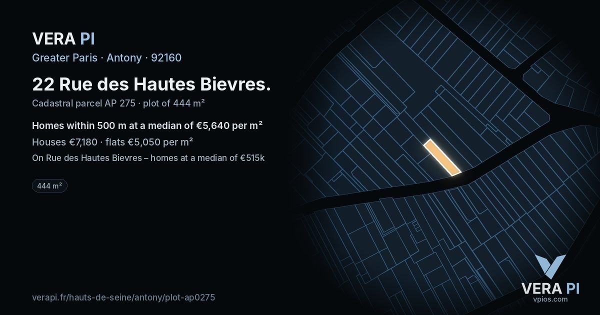 22 Rue des Hautes Bievres, Antony at night – the plot lit, the parcels around coloured by the prices near them