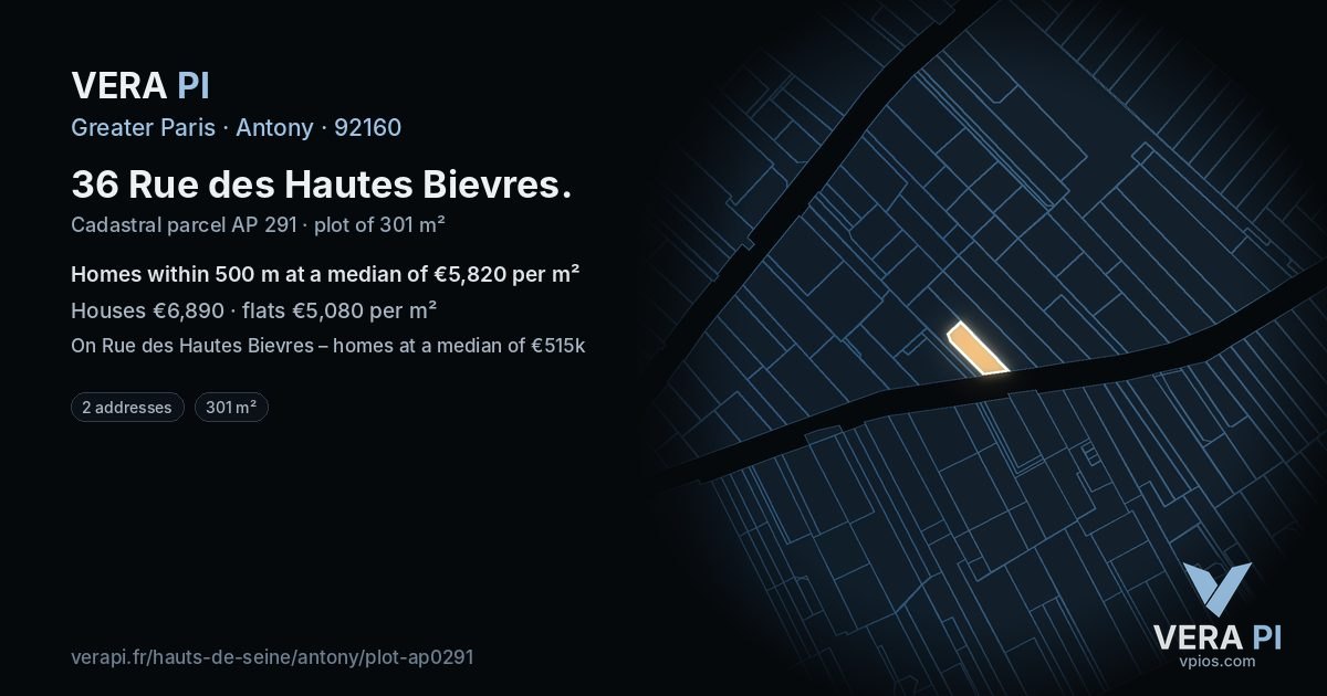 36 Rue des Hautes Bievres, Antony at night – the plot lit, the parcels around coloured by the prices near them