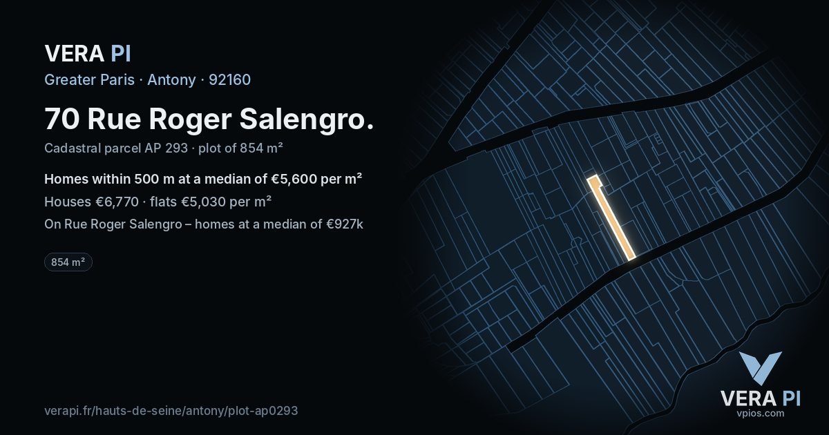 70 Rue Roger Salengro, Antony at night – the plot lit, the parcels around coloured by the prices near them