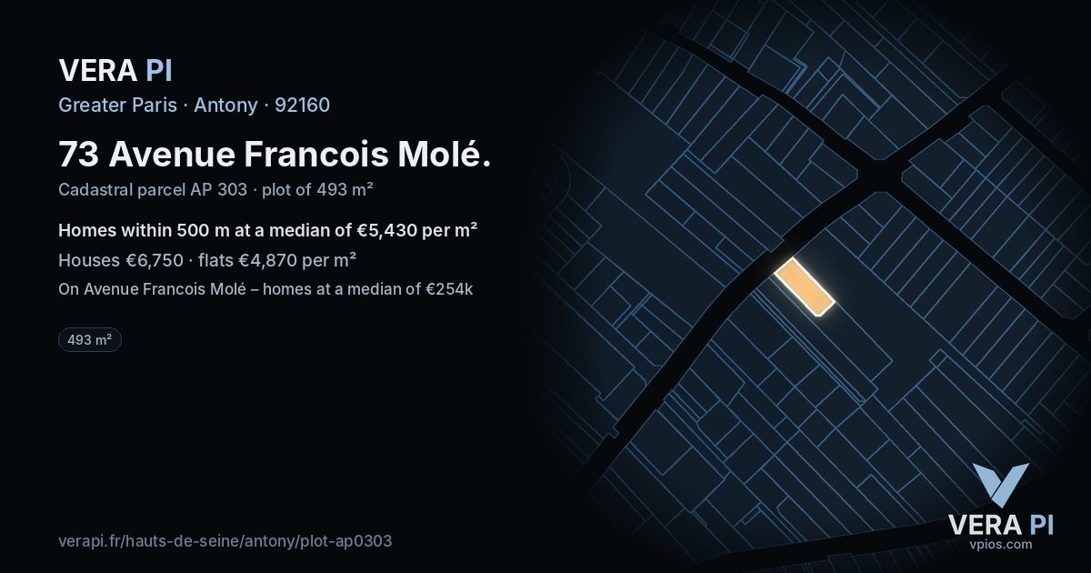 73 Avenue Francois Molé, Antony at night – the plot lit, the parcels around coloured by the prices near them
