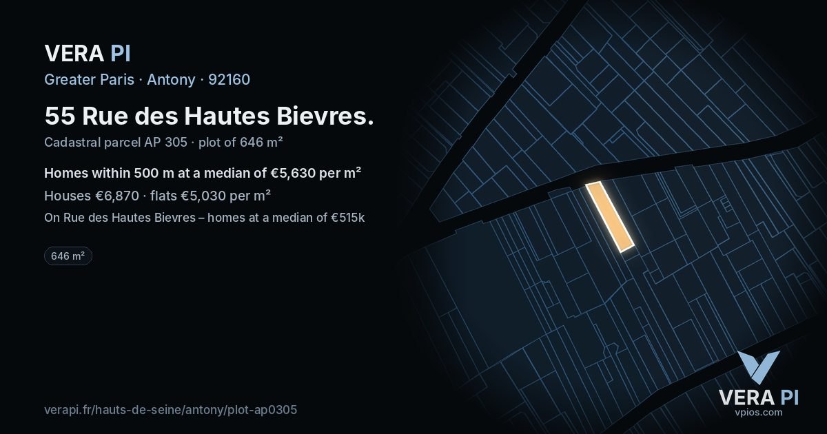 55 Rue des Hautes Bievres, Antony at night – the plot lit, the parcels around coloured by the prices near them