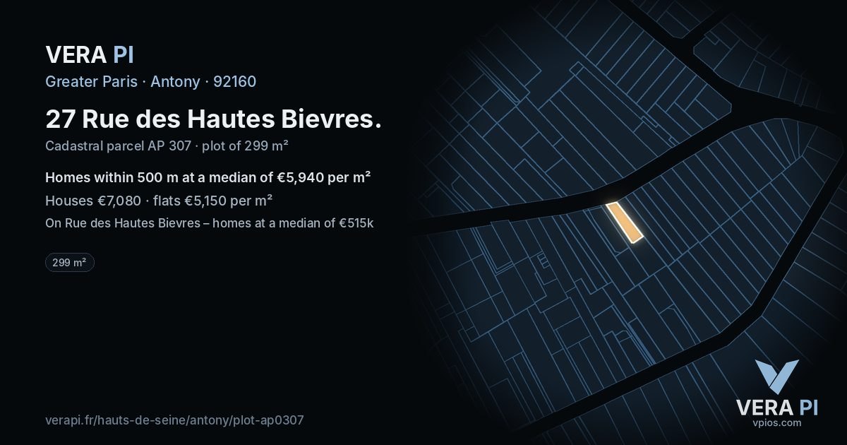 27 Rue des Hautes Bievres, Antony at night – the plot lit, the parcels around coloured by the prices near them