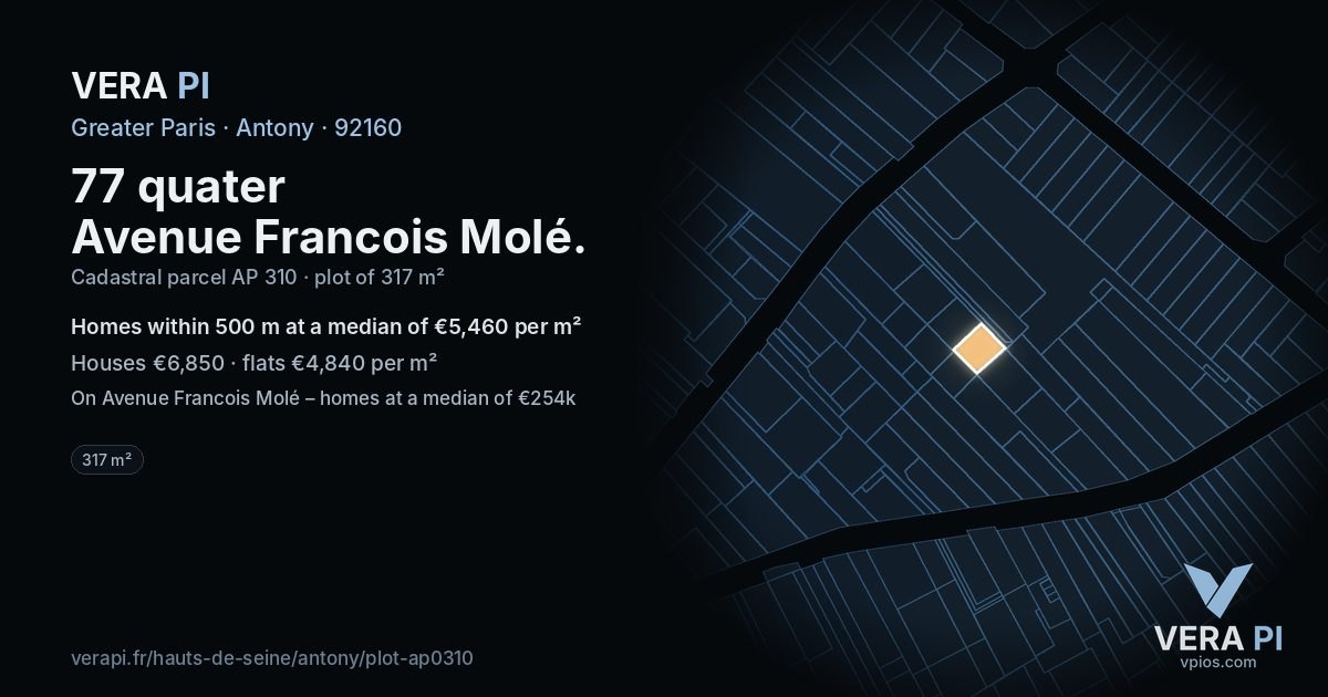 77 quater Avenue Francois Molé, Antony at night – the plot lit, the parcels around coloured by the prices near them
