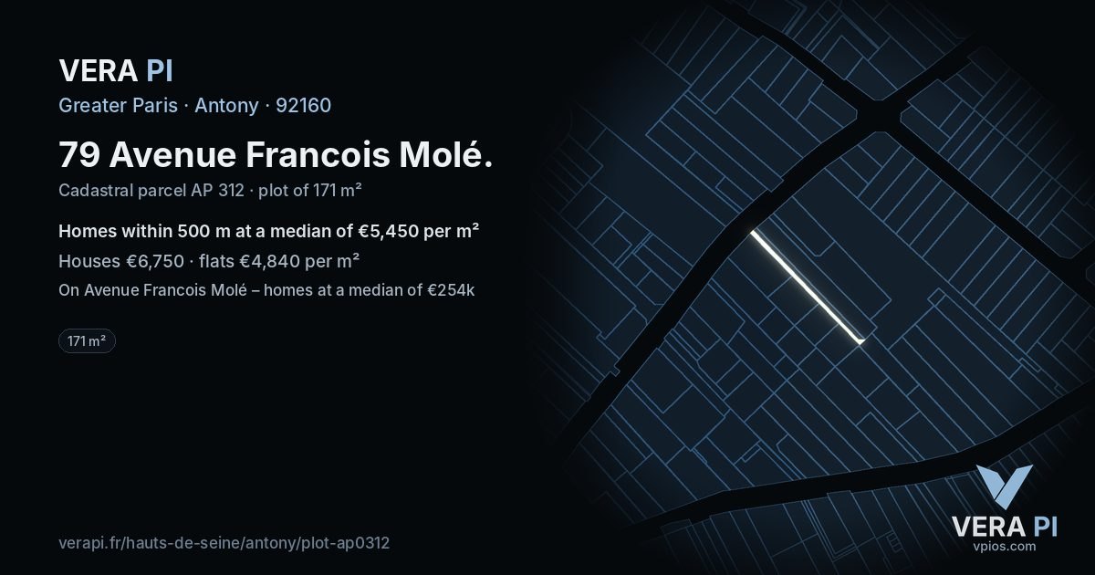 79 Avenue Francois Molé, Antony at night – the plot lit, the parcels around coloured by the prices near them