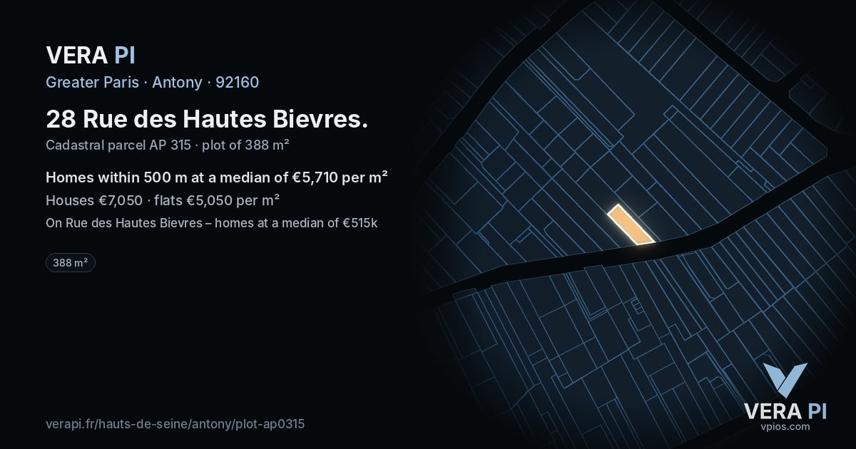 28 Rue des Hautes Bievres, Antony at night – the plot lit, the parcels around coloured by the prices near them