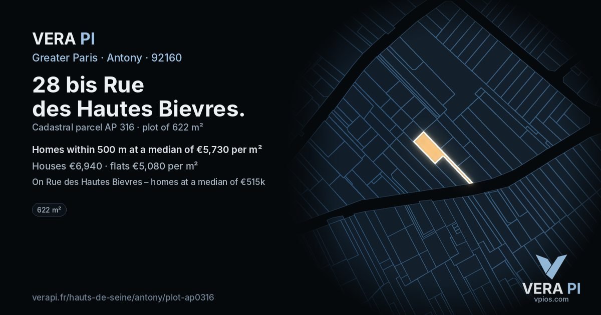 28 bis Rue des Hautes Bievres, Antony at night – the plot lit, the parcels around coloured by the prices near them