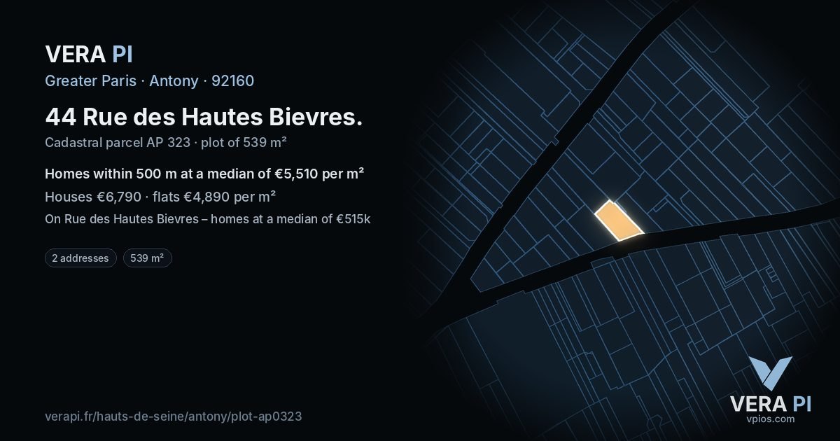 44 Rue des Hautes Bievres, Antony at night – the plot lit, the parcels around coloured by the prices near them