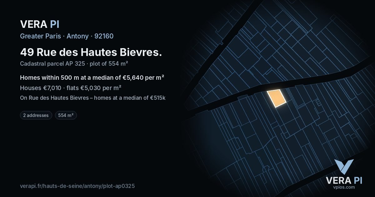49 Rue des Hautes Bievres, Antony at night – the plot lit, the parcels around coloured by the prices near them