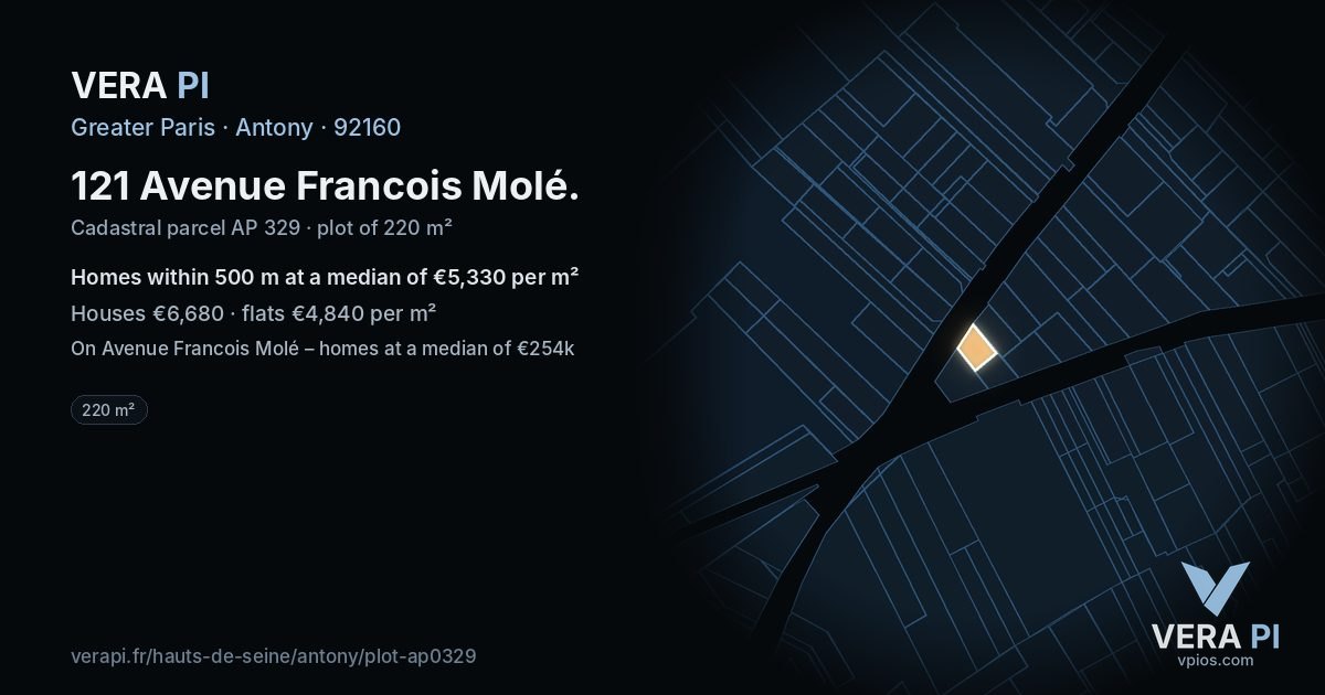 121 Avenue Francois Molé, Antony at night – the plot lit, the parcels around coloured by the prices near them